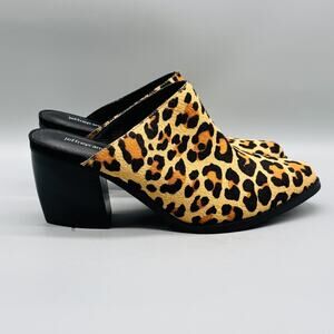 Jeffrey Campbell Women 9 Brown Favela Calf Hair Leopard Mules Slip On Block Heel